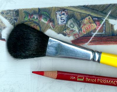 close-up of the brush on 
the artwork.